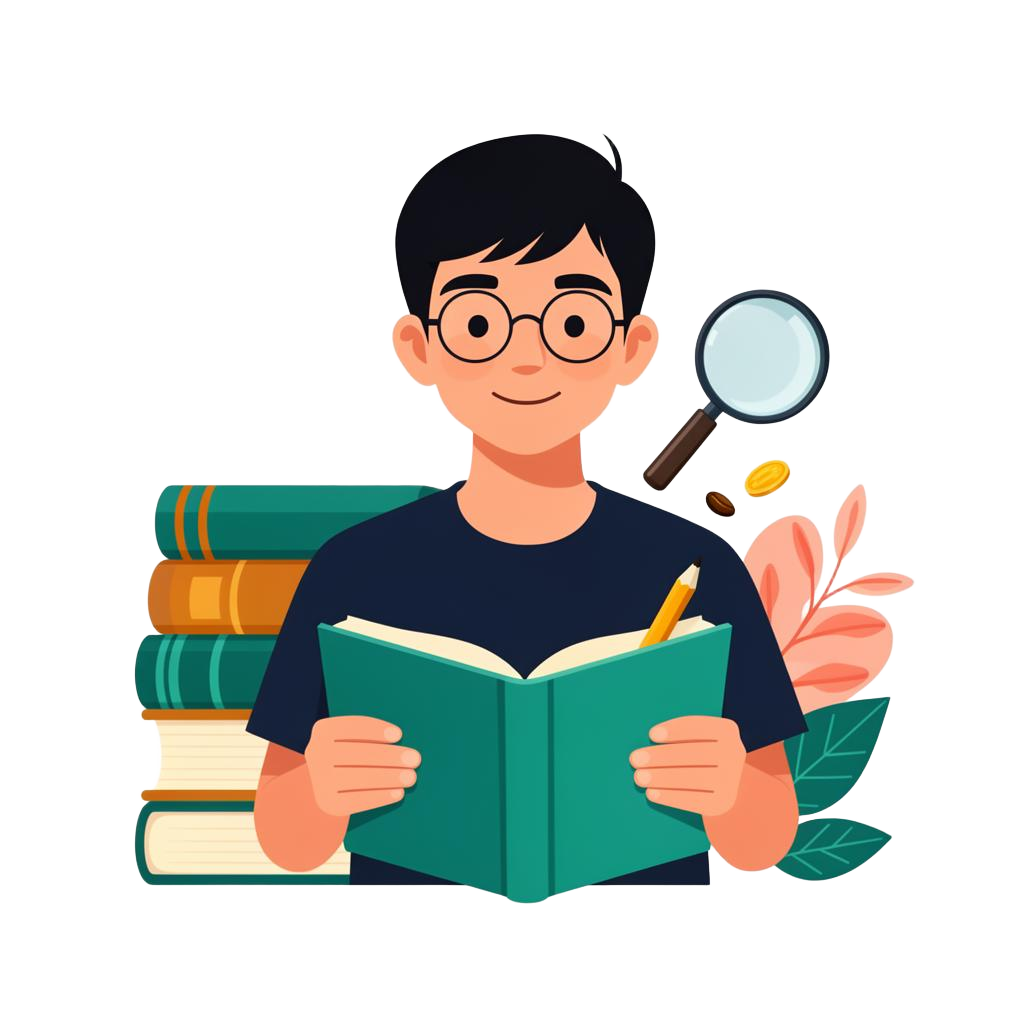 A young Malaysian learner reading a finance book with Ringgit coins and a growth chart — start small, learn as you earn with Luno