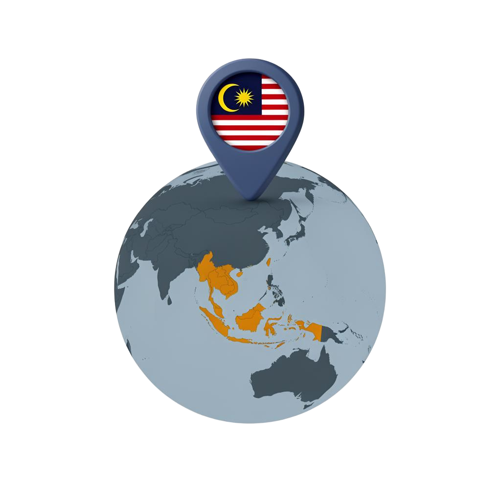 Malaysia highlighted on a globe with a flag location pin — Luno is regulated locally by the Securities Commission Malaysia